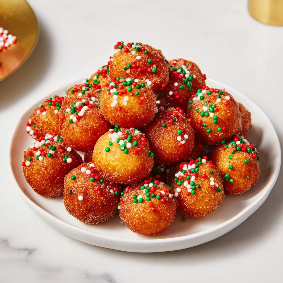 Festive close-up of Air Fryer Christmas Donut Holes, ideal for a holiday breakfast or dessert.