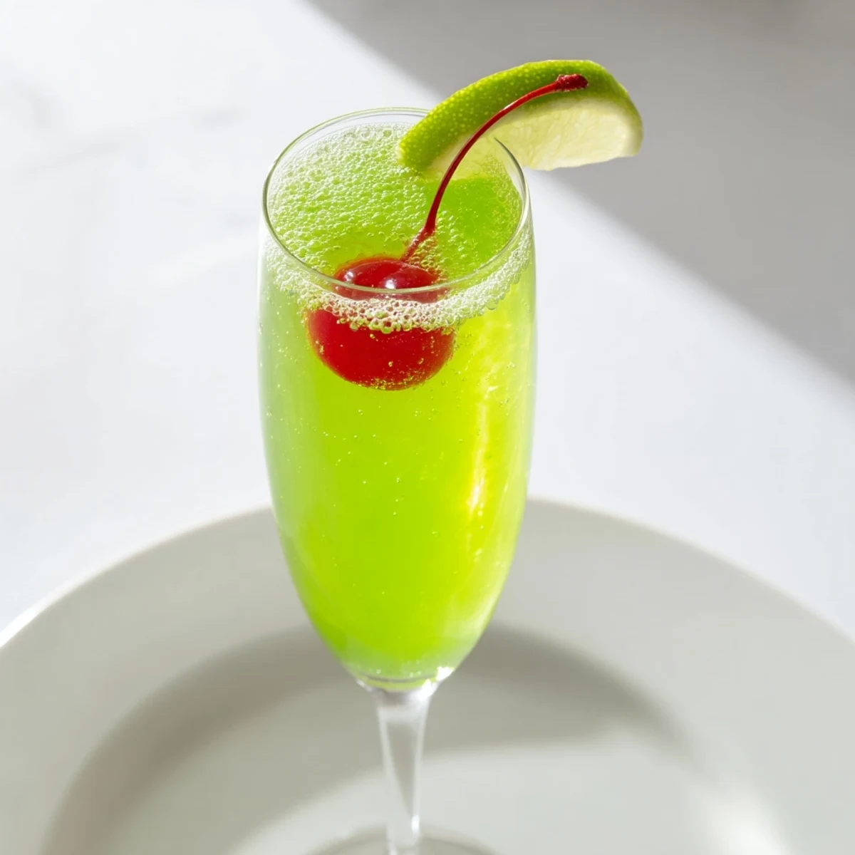 Vibrant green Quick Grinch Mimosa Mocktail, garnished with cherries and lime, ready for festive fun.