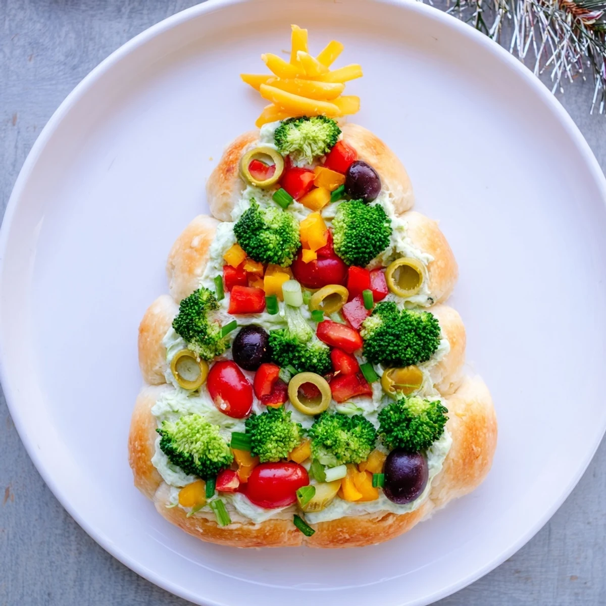 Easy Christmas Tree Veggie Pizza arranged on a platter, showcasing vibrant colors and fresh vegetables.