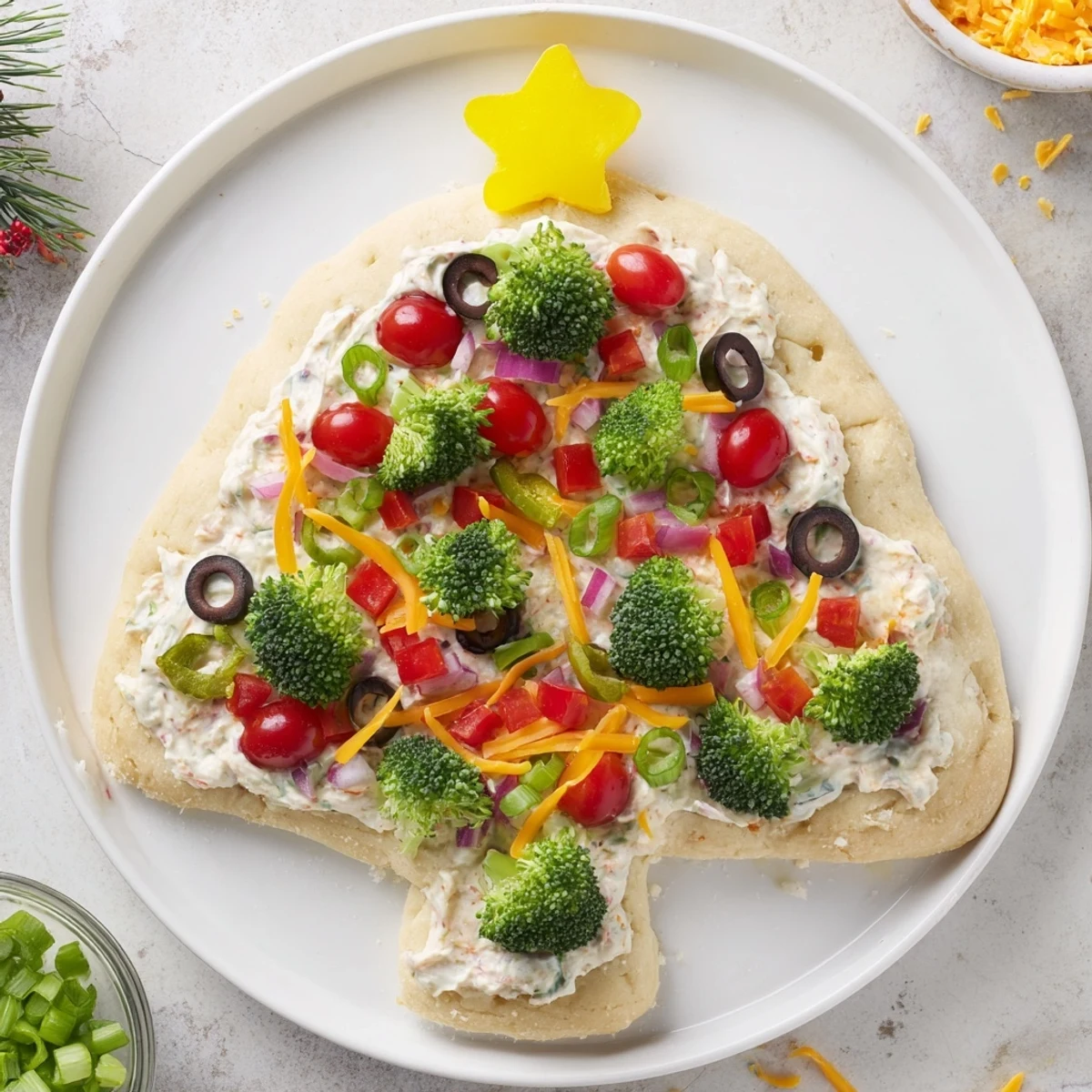 Festive Easy Christmas Tree Veggie Pizza, perfectly shaped and topped with colorful veggies ready to enjoy.