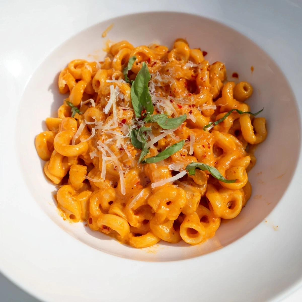 Creamy Spicy Vodka Sauce Ditalini pasta, tossed with fresh basil and Parmesan, steams appealingly.