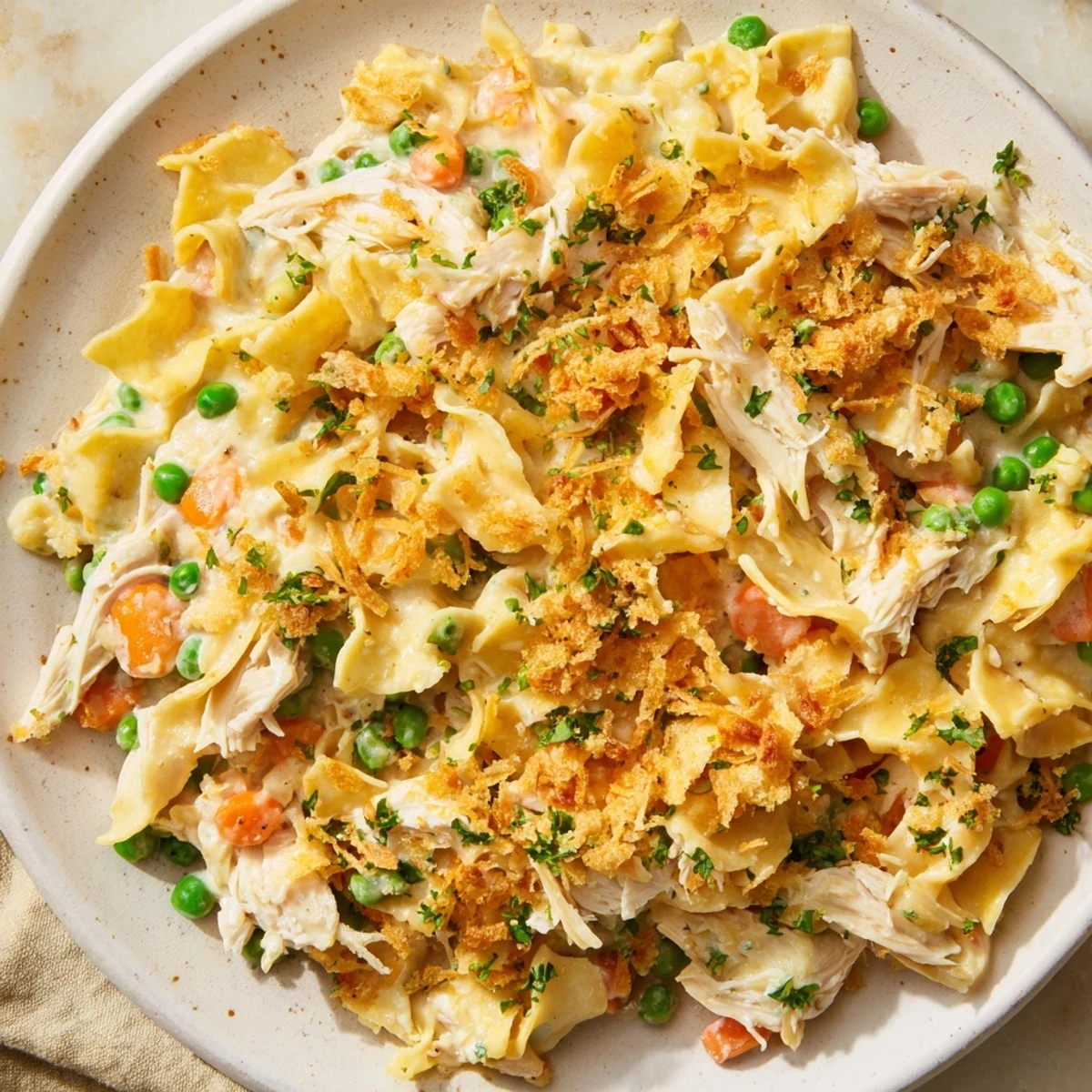 Creamy Baked Chicken Noodle Soup Pasta, a comforting dish with visible pieces of tender chicken.