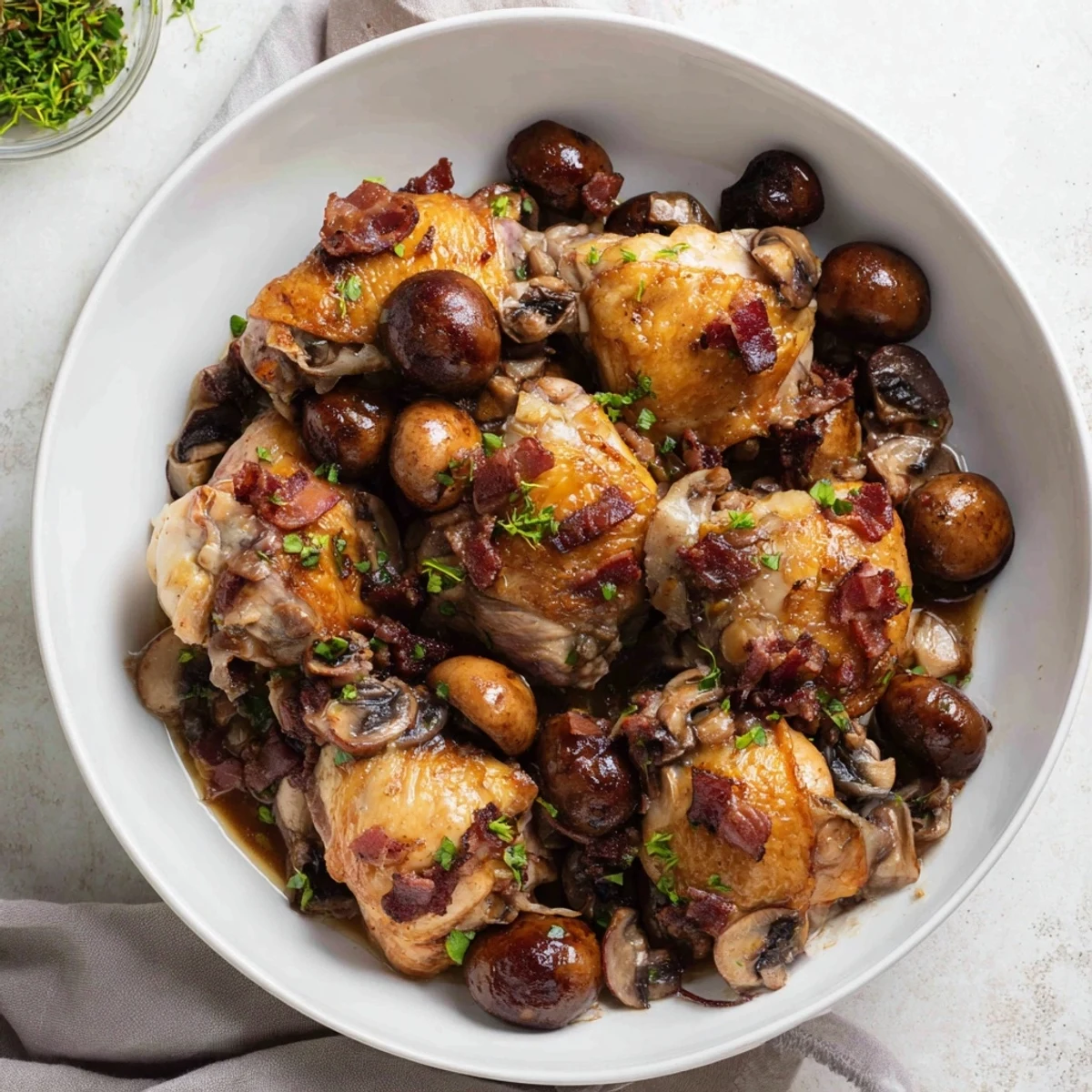 Golden-brown Instant Pot Coq au Vin Style Chicken Thighs with a rich, red wine sauce and savory bacon.