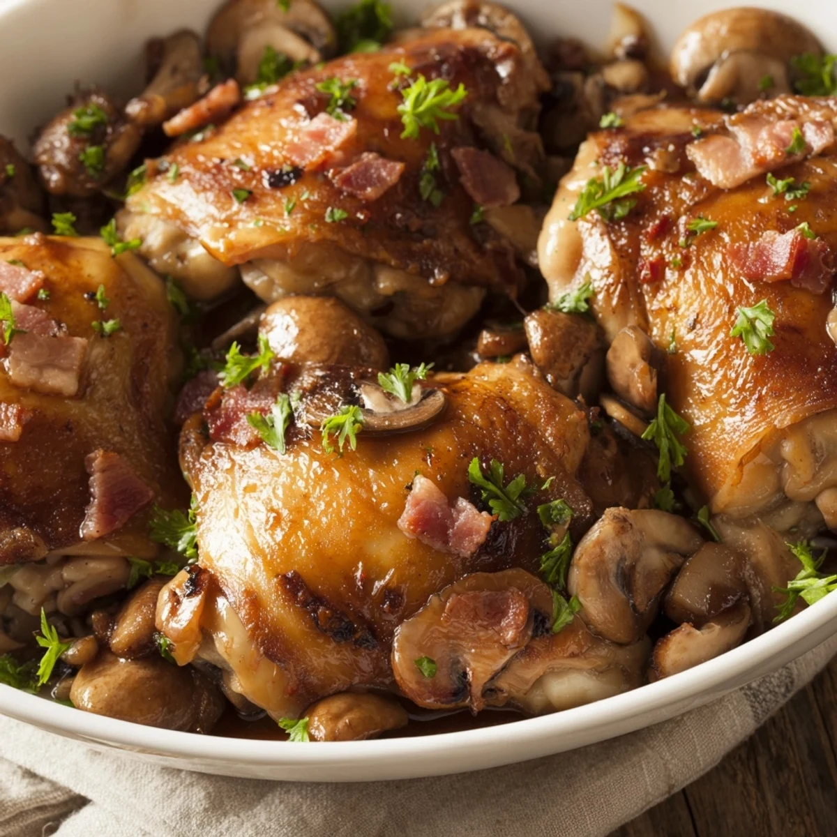 Tender Instant Pot Coq au Vin, showcasing the flavorful chicken thighs and glistening vegetables in rich gravy.