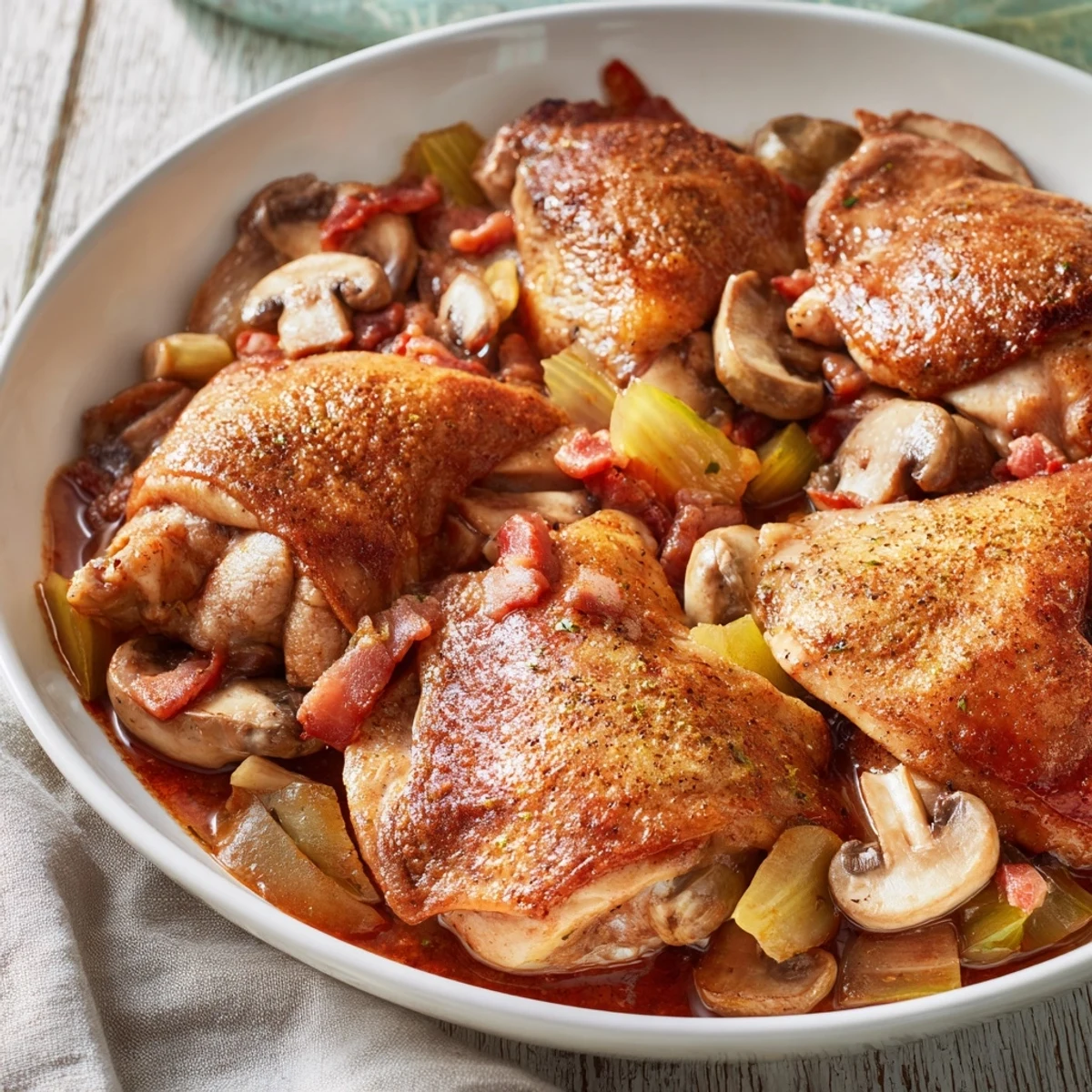 A close-up of delicious Instant Pot Coq au Vin Style Chicken Thighs, perfectly cooked with a garnish of parsley.