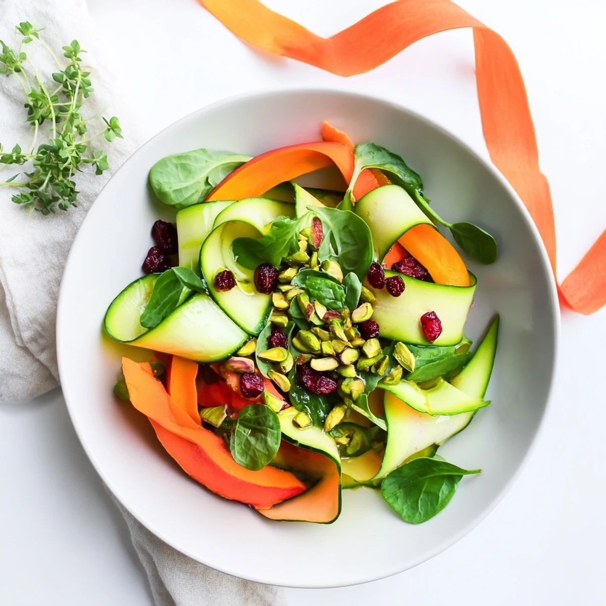 Vibrant Pistachio and Cranberry Ribbon Salad layered with colorful vegetable ribbons, perfect and refreshing.