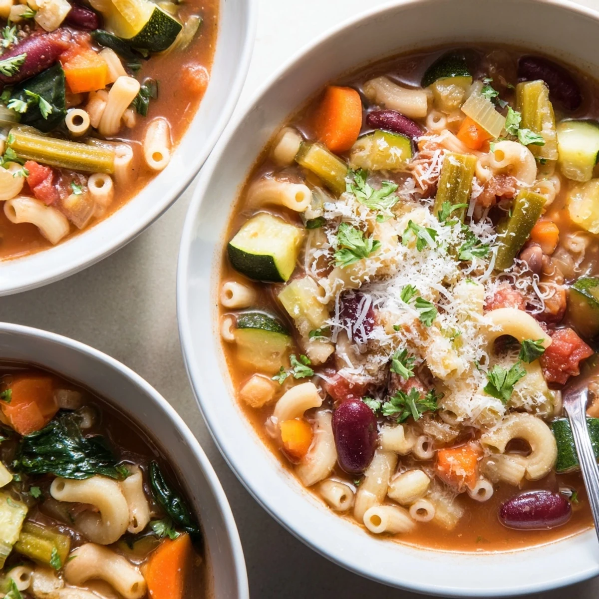 Steaming bowl of Veggie-Packed Minestrone Christmas Pasta Pot, ready to warm your winter table and taste amazing.