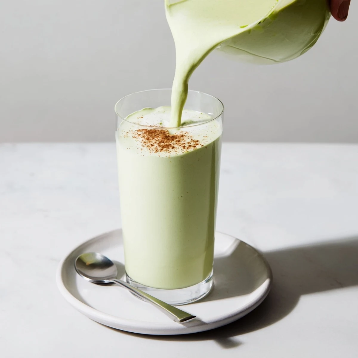 Matcha Eggnog Collagen Breakfast Smoothie swirled in a glass, a vibrant green and creamy treat.