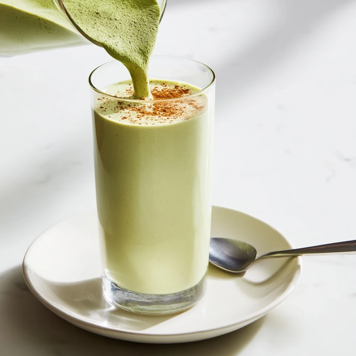The richly textured taste of a Matcha Eggnog Collagen Breakfast Smoothie, perfect for a quick, nourishing breakfast.
