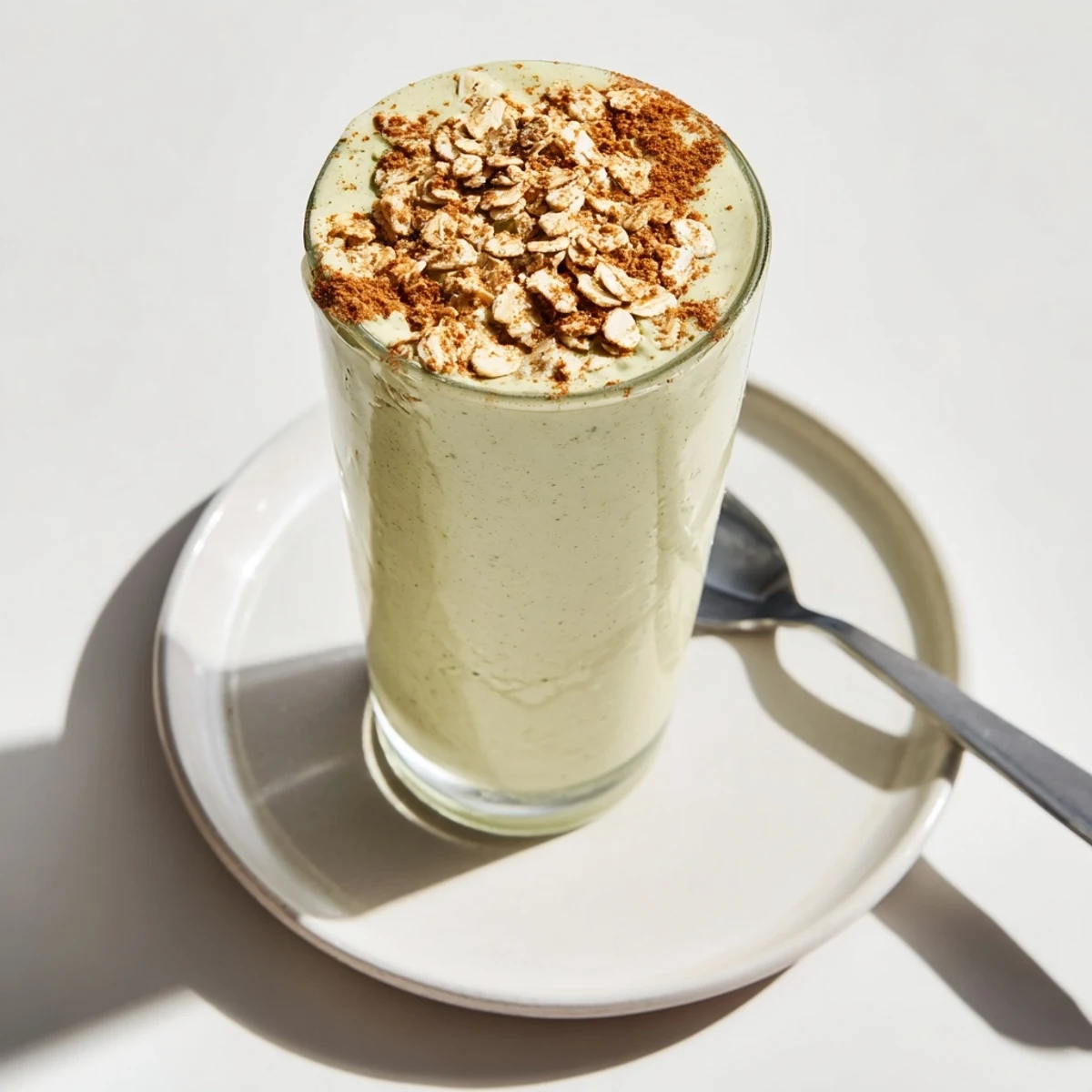 Creamy Matcha Snickerdoodle Protein Shake, a green smoothie swirled with cinnamon, perfect for breakfast.
