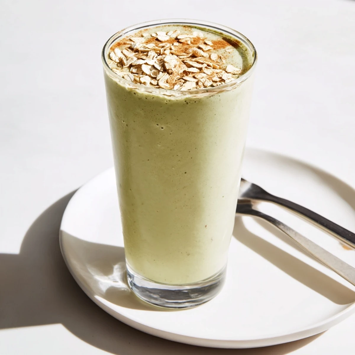 Enjoy a rich Matcha Snickerdoodle Protein Shake, a frothy, energizing breakfast with almond butter flavor.