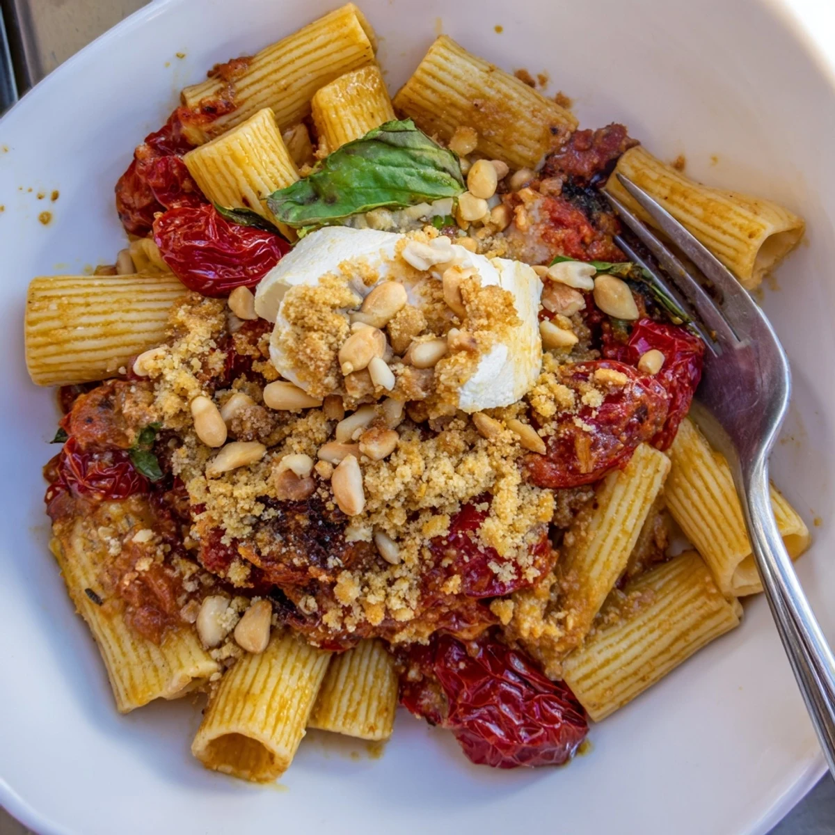 Golden baked goat cheese snowflake atop flavorful Baked Goat Cheese Snowflake Tomato Basil Pasta.