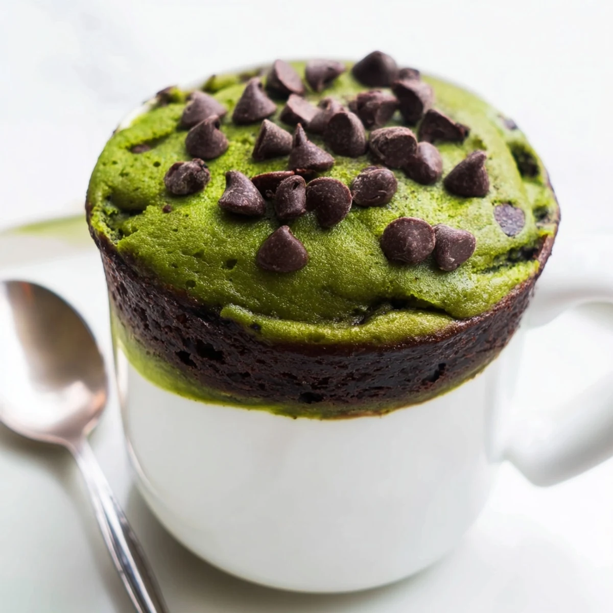 Steaming Matcha Peppermint Brownie Batter Mug Cake, a quick, single-serve dessert, ready in a flash!