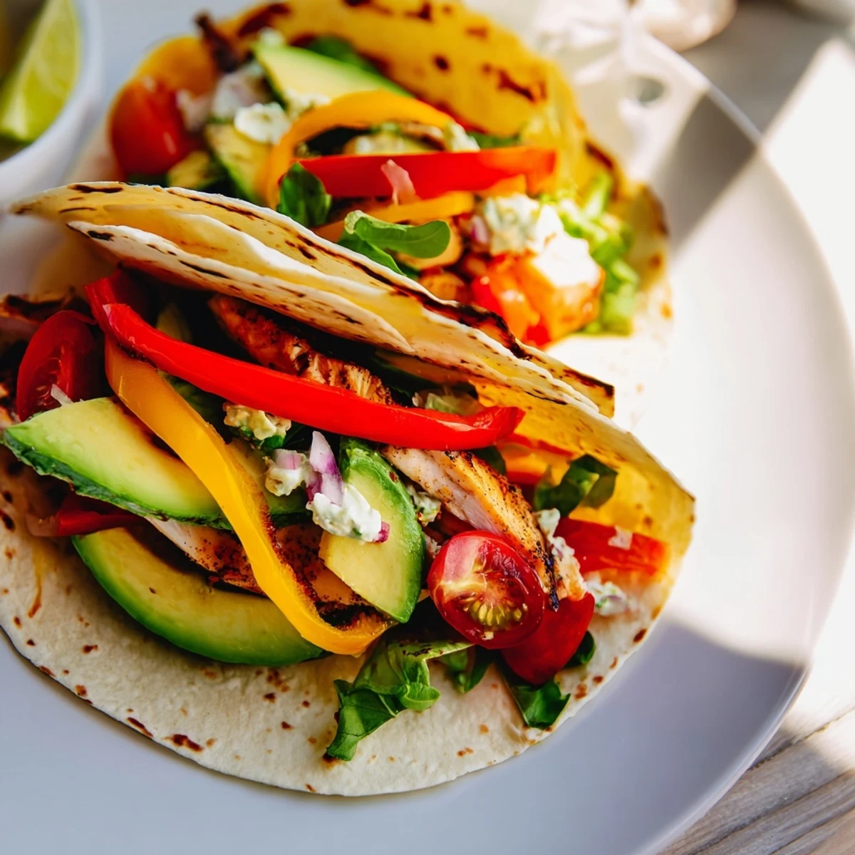 Sheet-Pan Fajita Chicken Rainbow Wraps: A vibrant photo shows colorful vegetables and chicken ready to be wrapped.