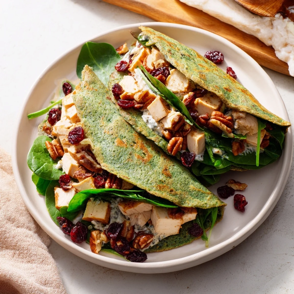 Vibrant Christmas wrap showcases Cranberry Pecan Chicken Salad, a holiday delight with appealing colors and textures.
