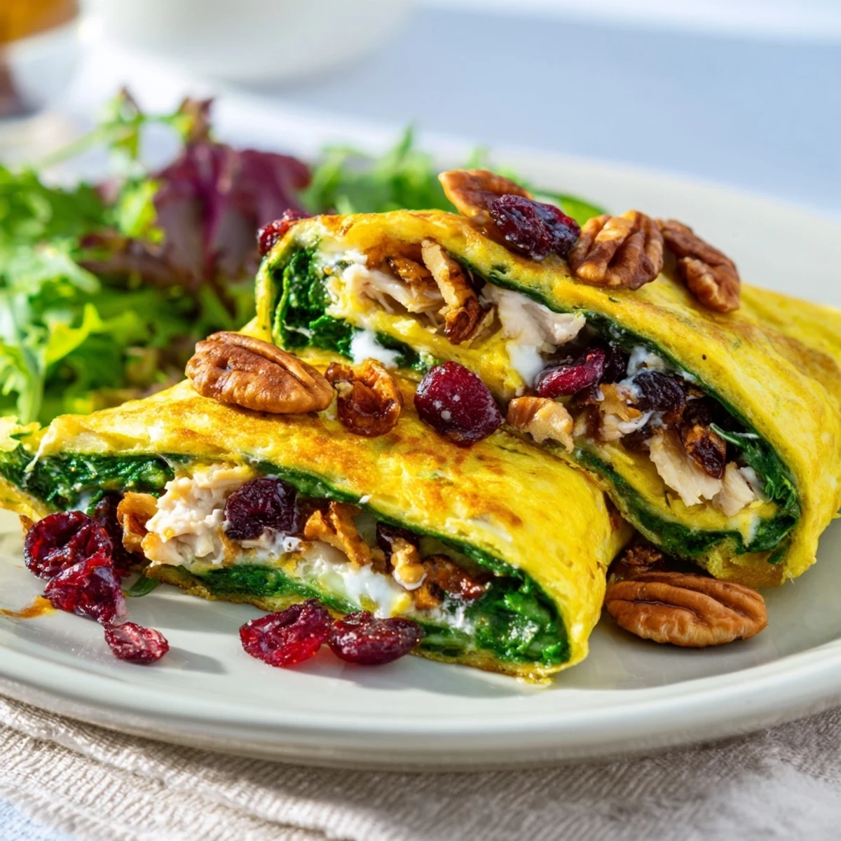 Up-close shot of a delicious Cranberry Pecan Chicken Salad wrap, perfectly cut, ready to enjoy for lunch.
