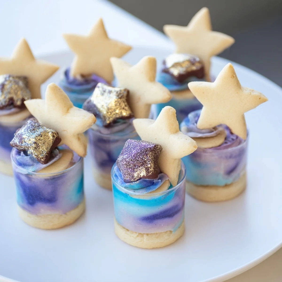 Glimpse a Stargazers Dessert Platter: star-shaped shortbread, swirl mousse, and cocoa-dusted comet truffles.