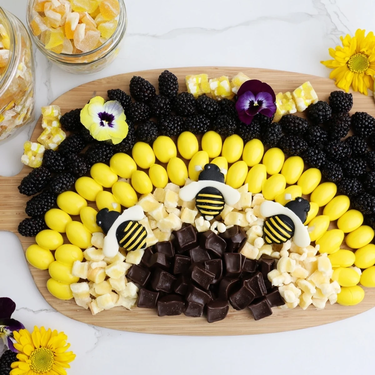 A vibrant Bumblebee Candy Board overflowing with bee gummies, yellow candies, and fresh berries.