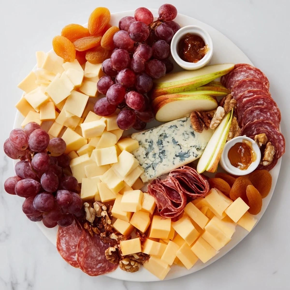 A beautifully arranged Moonlight Picnic Board overflowing with cheeses, fruits, meats, and crackers for sharing.