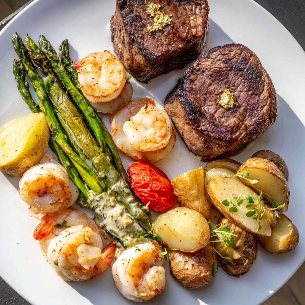 A close-up of the Golden Heart Luxury Platter displays tender shrimp, fresh asparagus, and edible gold leaf details.