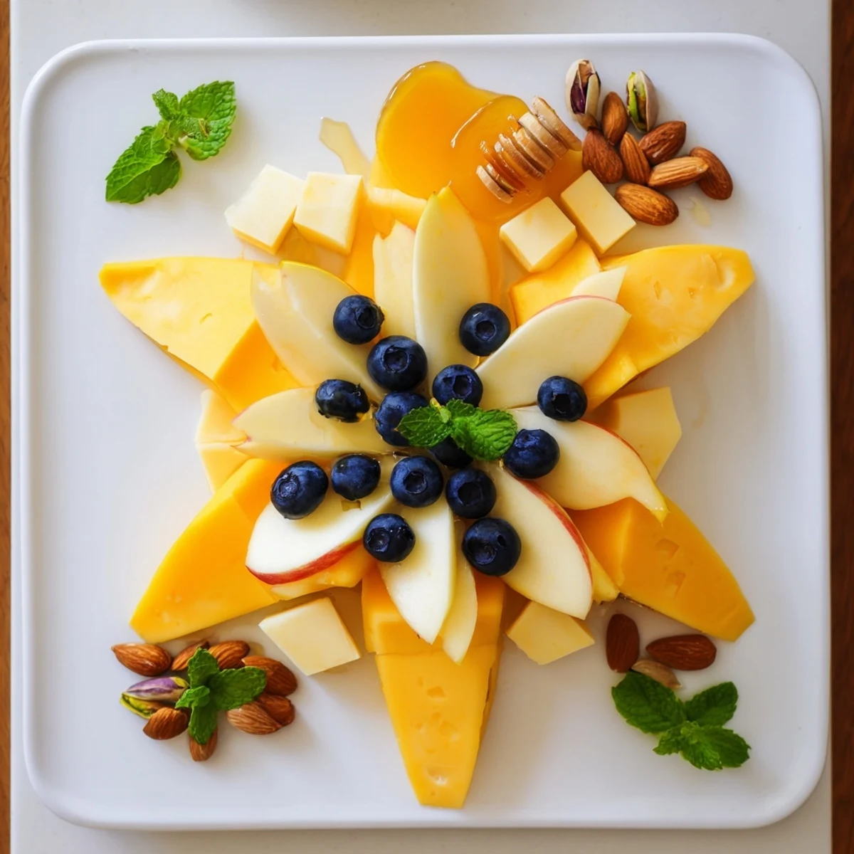 Shooting Star Snack Board features colorful fruits, cheeses, crackers, and sweet treats arranged festively for a party.