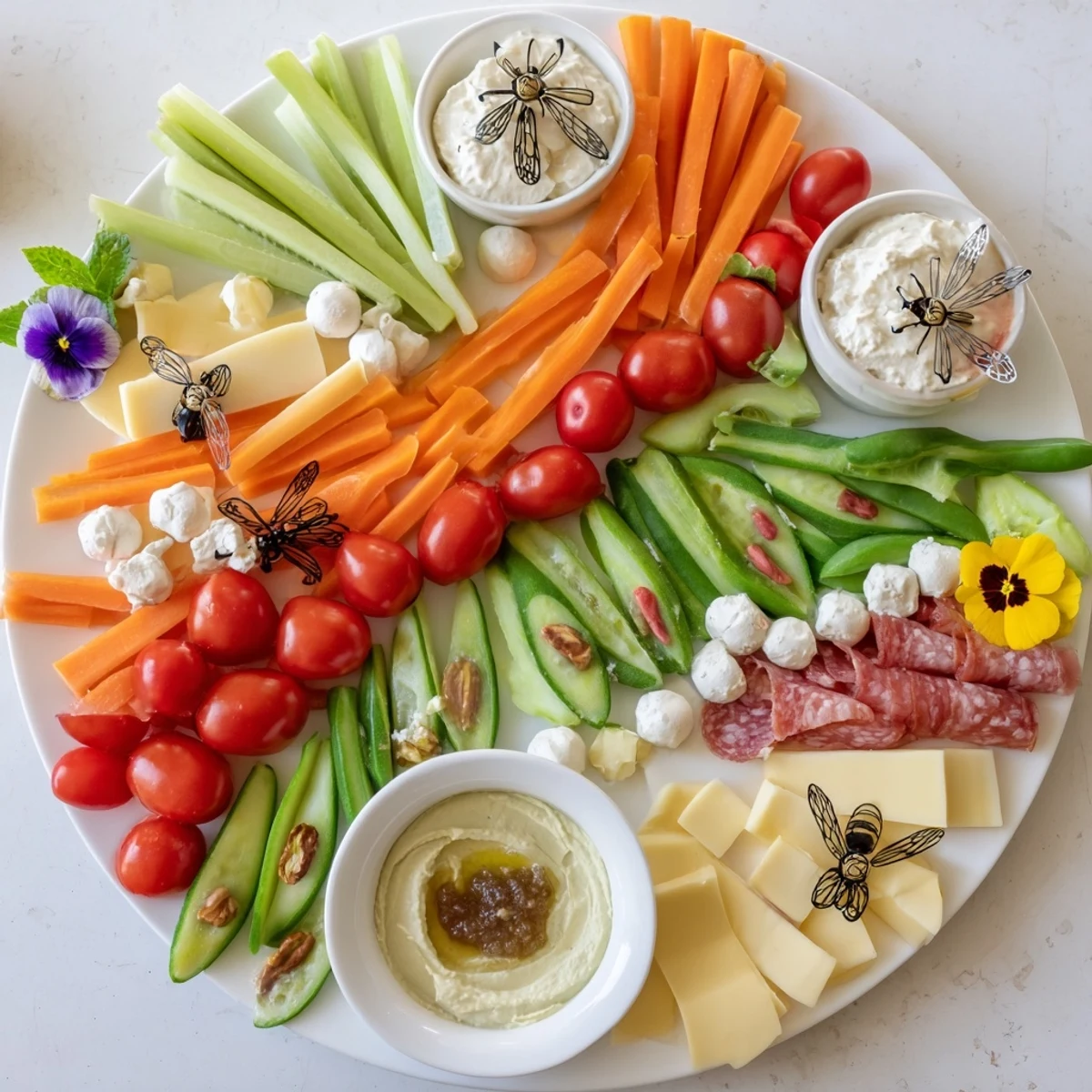 Vibrant Dragonfly Dance appetizer tray with colorful veggies, cheese, and meats, ready to enjoy.