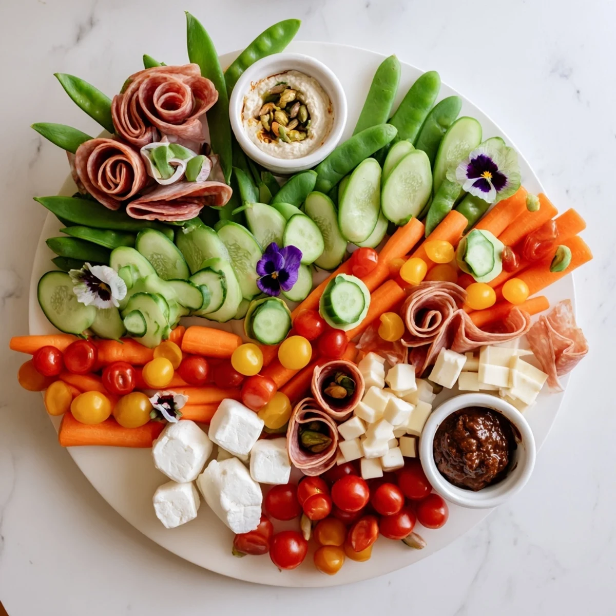 Elegantly arranged Dragonfly Dance appetizer tray featuring cheeses, meats and fresh basil garnish.