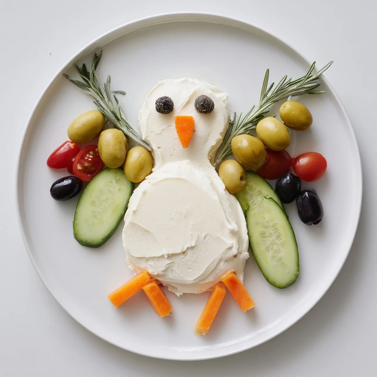 Peace Dove Christmas Olive Platter with a creamy cheese dove, surrounded by festive olives, tomatoes, and rosemary.