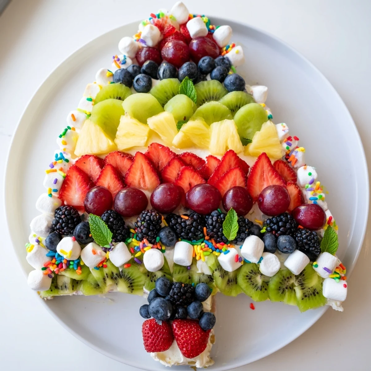 A colorful Happy Birthday Cake Slice Fruit Board with berries, pineapple, and a sprinkle of joy!