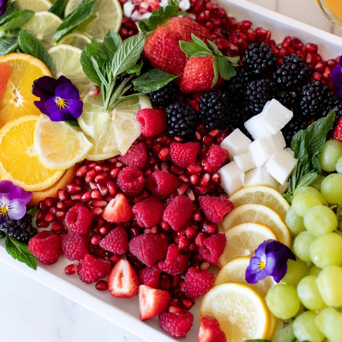 Vibrant Bubbly Bar New Years Eve Garnish Tray with colorful fruits and fresh herbs, ready to embellish drinks.