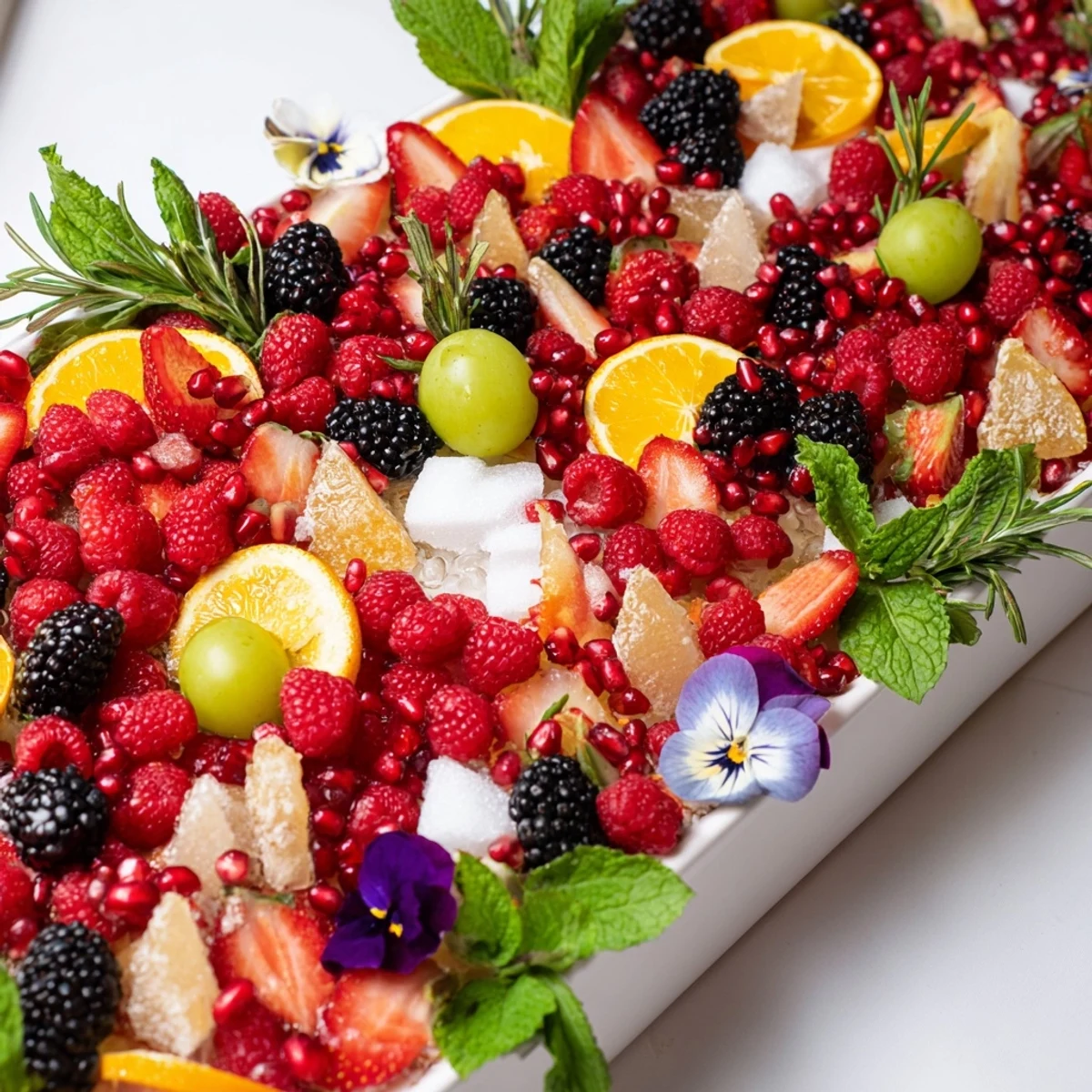 A close-up of the Bubbly Bar New Years Eve Garnish Tray overflowing with sugared treats and berries for sparkling wine.