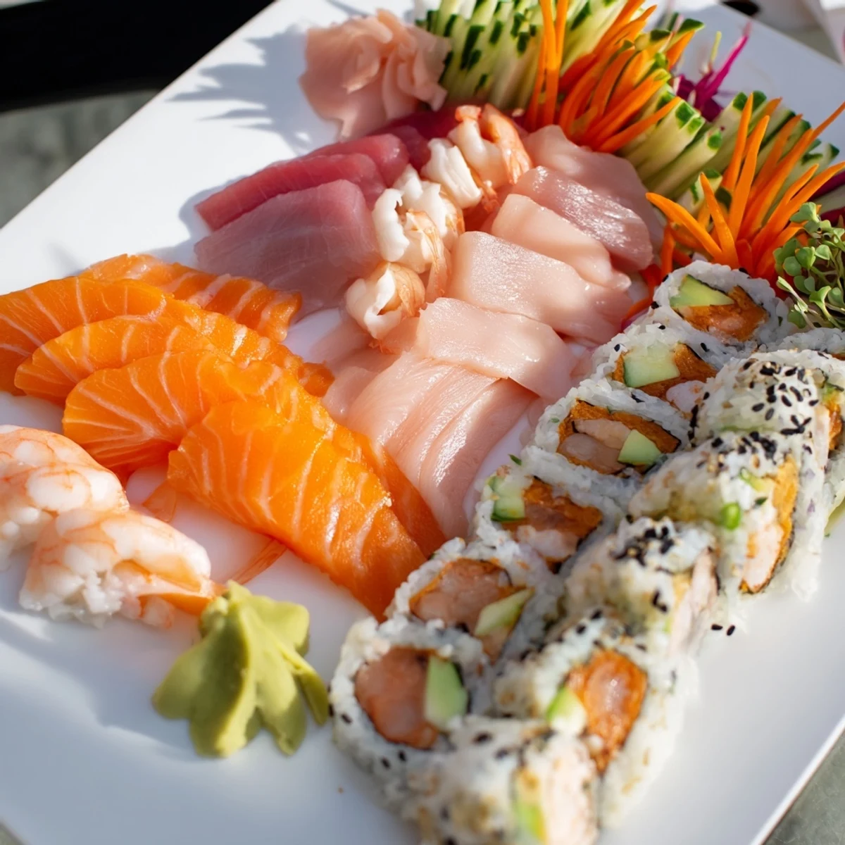 An artistic Sail Away Boat-Shaped Sushi Platter with colorful sushi; ready to be enjoyed.