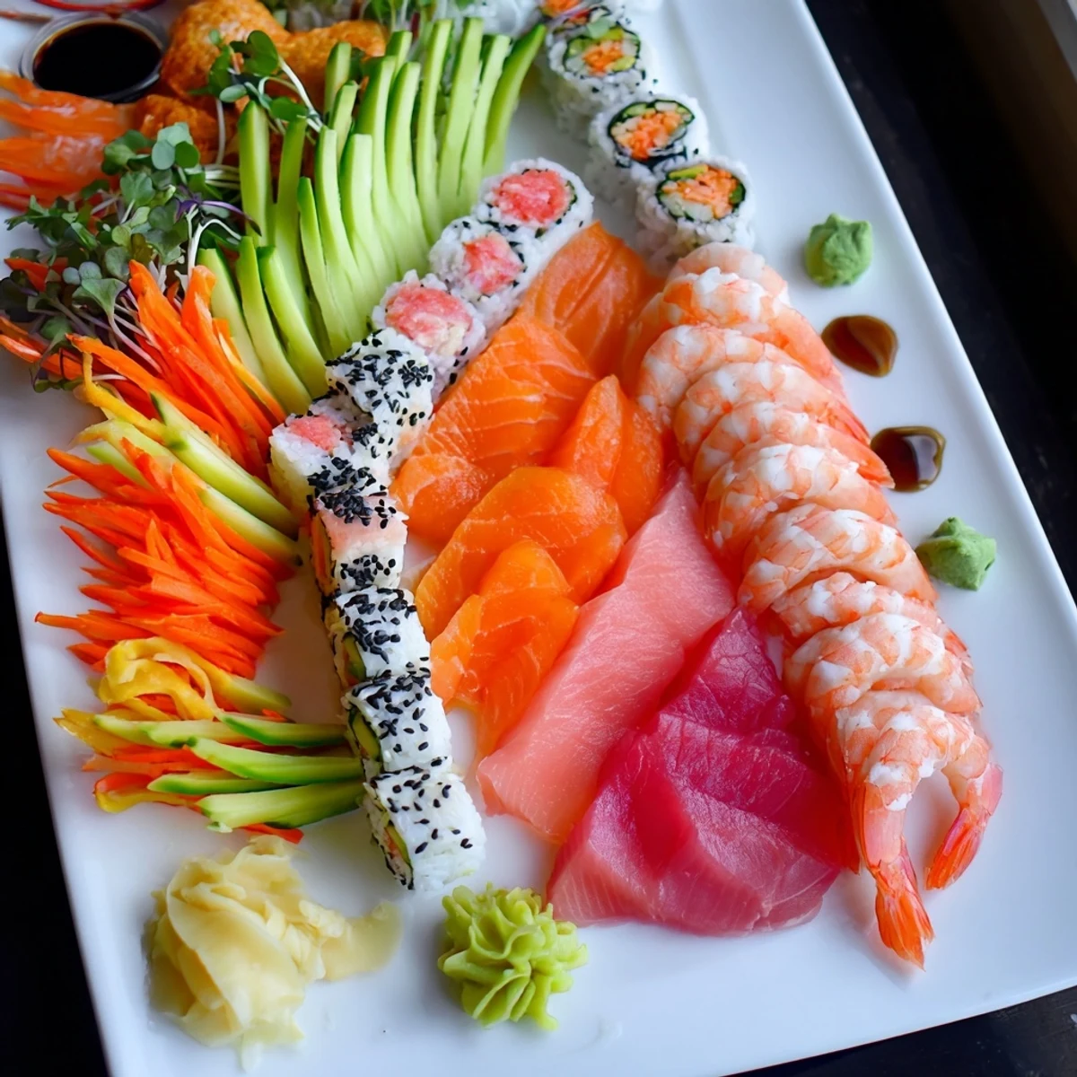 Carefully arranged Sail Away Boat-Shaped Sushi, showcasing fresh tuna and salmon sashimi.