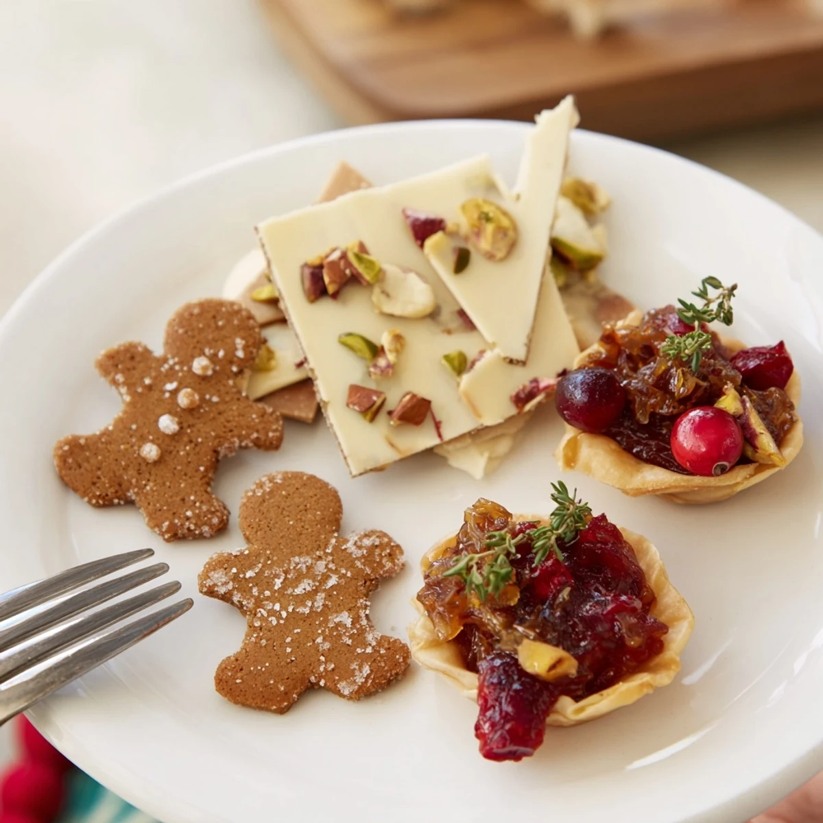 Close-up of Festive Christmas Joy Trios: gingerbread cookies, bark and tartlets, ready to enjoy.