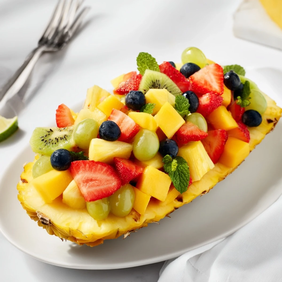 Refreshing bite of a Tropical Pineapple Fruit Boat overflowing with summery mango and berries.