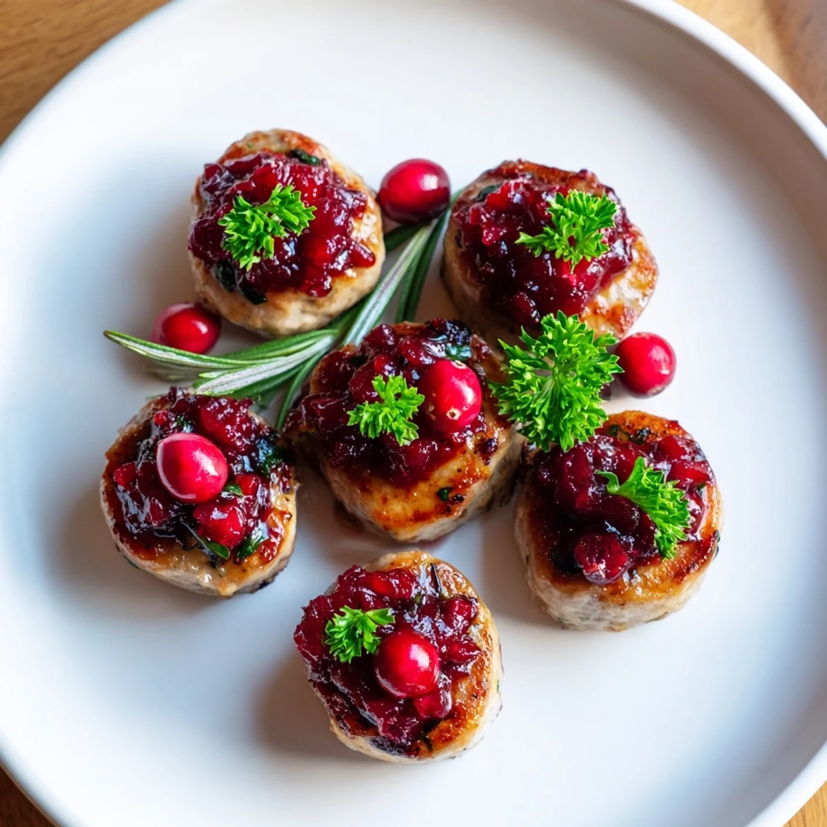 Golden-brown Festive Holly Berry Sausage Bites topped with bright cranberry sauce, inviting holiday flavor.