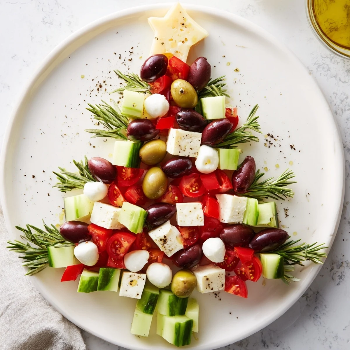 Festive Cheese & Olives: A colorful, holiday olive wreath appetizer with fresh rosemary and cherry tomatoes.