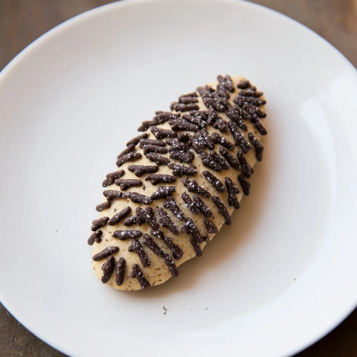 A detailed shot of pinecone shaped peanut butter cookies, expertly decorated with chocolate sprinkles.