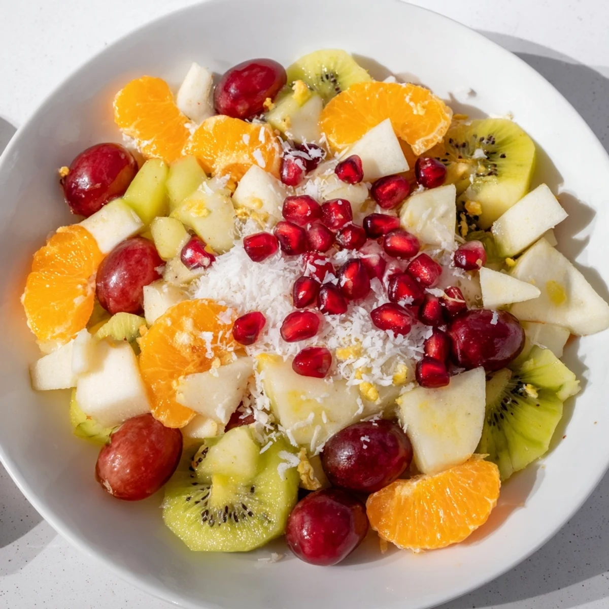 Vibrant Snowflake Fruit Medley, a bright fruit salad with glistening pomegranate and coconut topping.