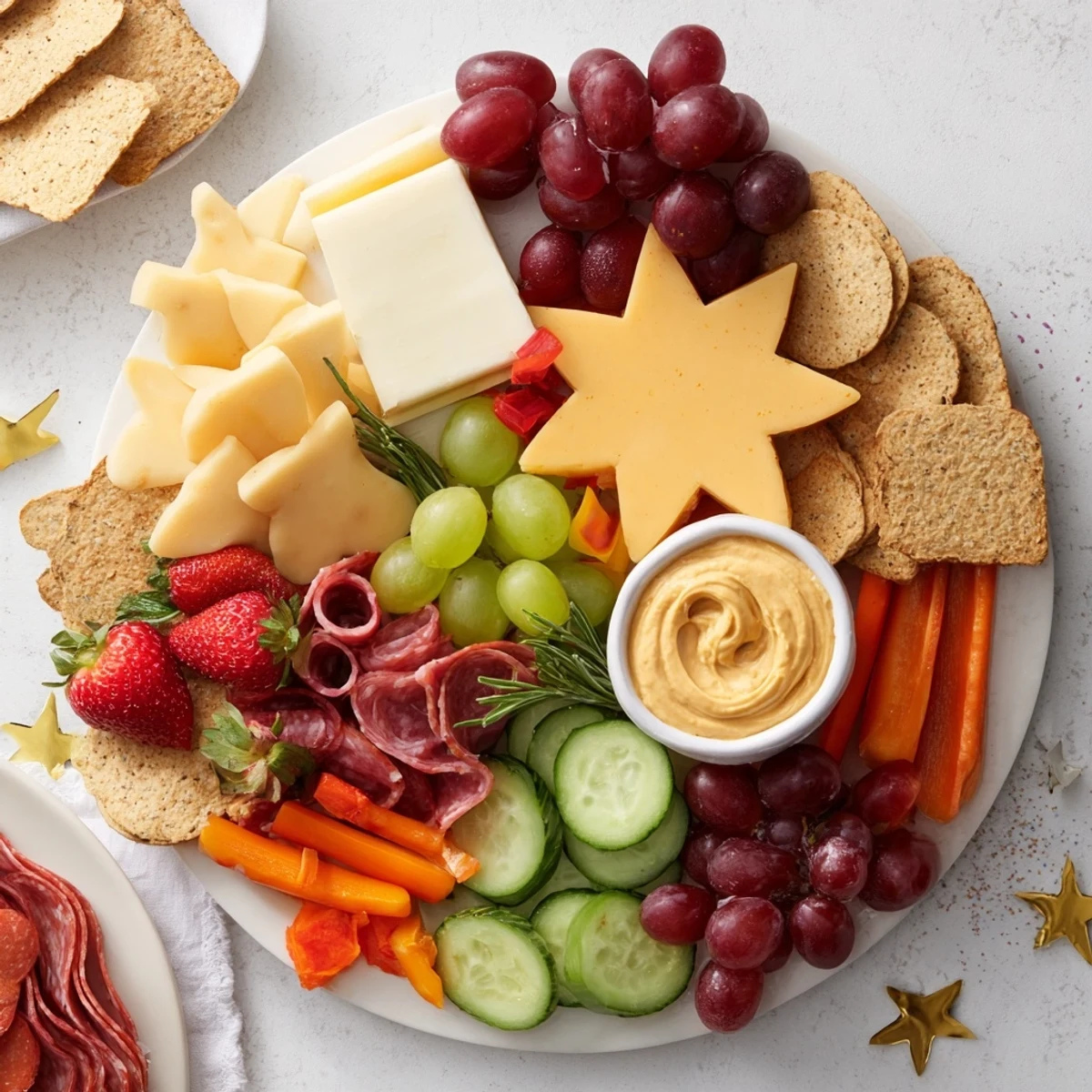 Happy New Year Star Board appetizer showcasing colorful cheeses, meats, and festive star-shaped cucumber.