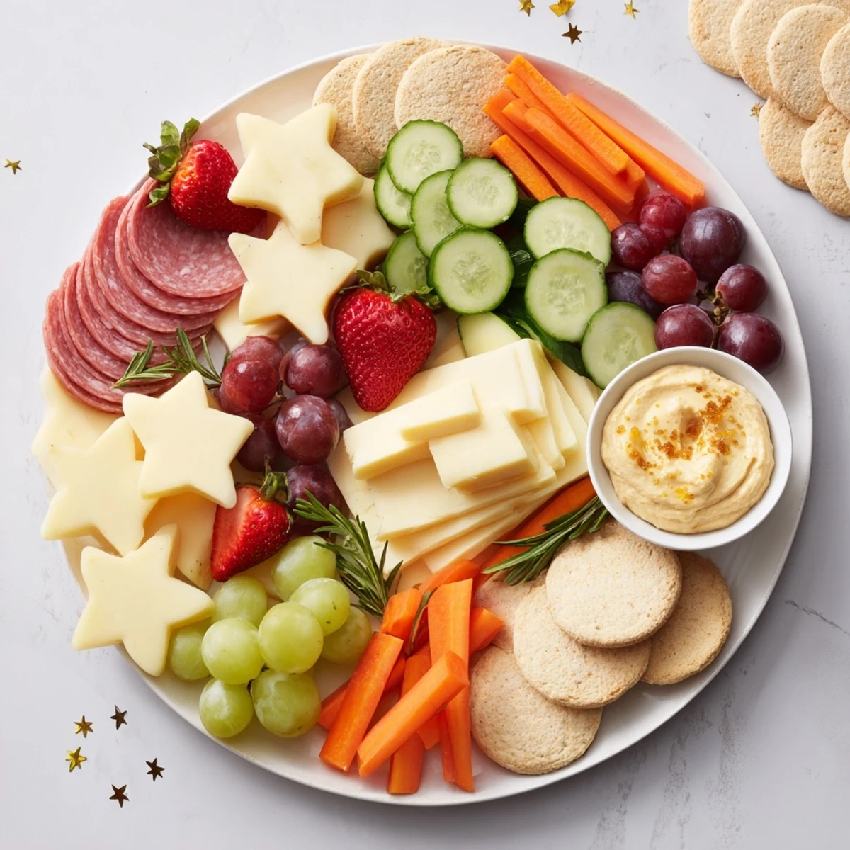 Festive Happy New Year Star Board with a mix of cheeses, cured meats, and refreshing fruit, ready to serve!