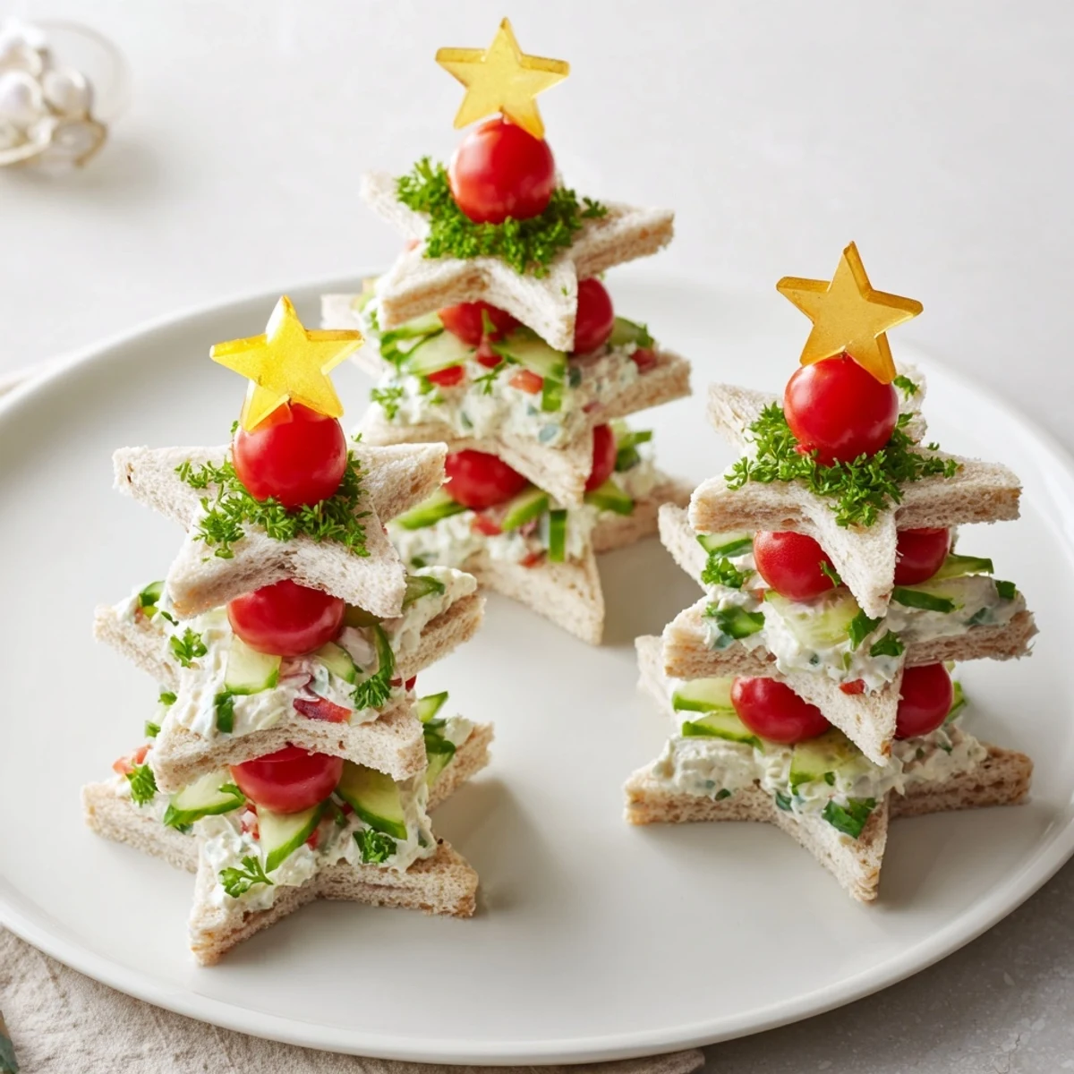 Stacked Star Christmas Tree Sandwiches: Festive, layered star-shaped sandwiches with colorful fillings, perfect for the holidays.