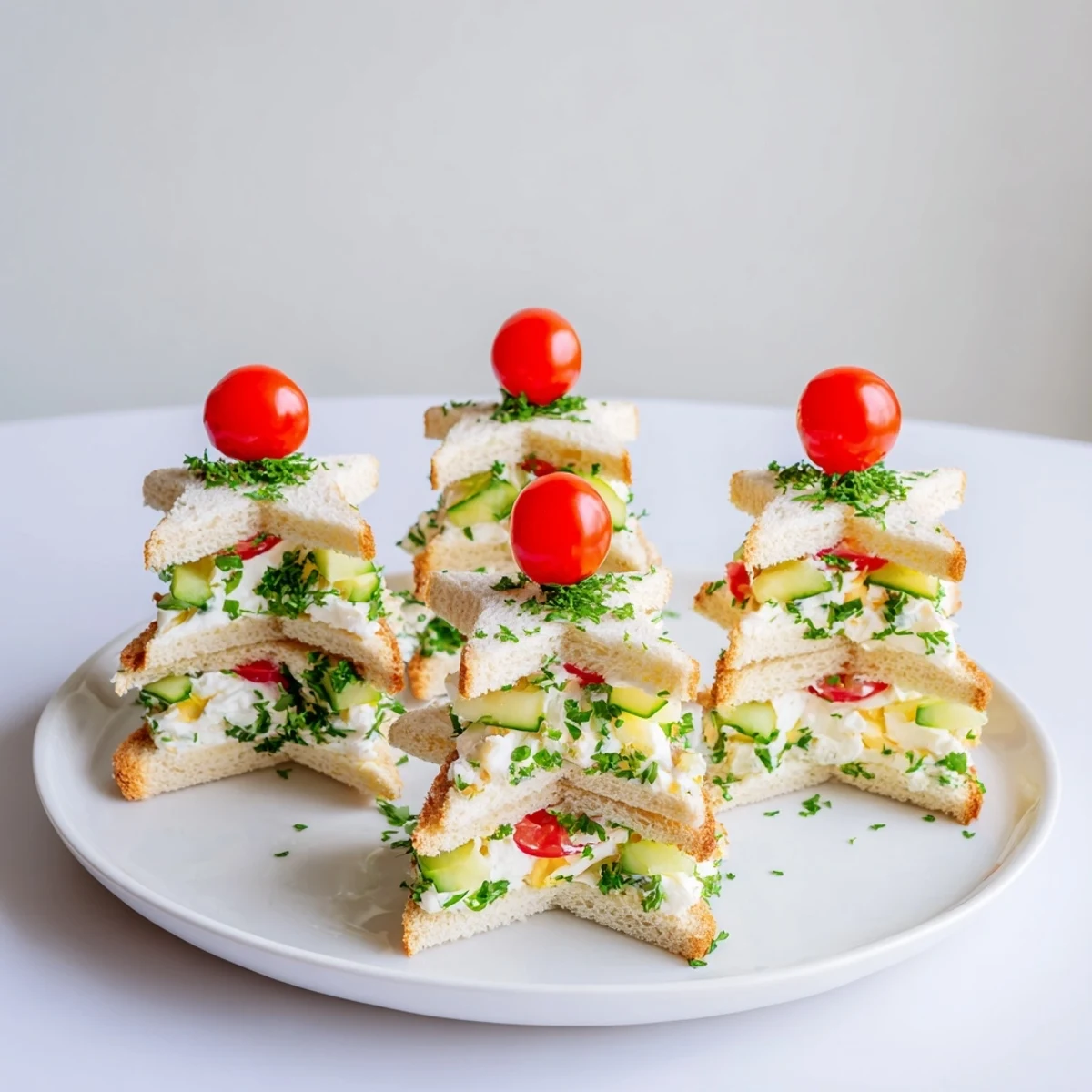 A close-up of beautifully arranged Stacked Star Christmas Tree Sandwiches, bite-sized and festive for any holiday party.