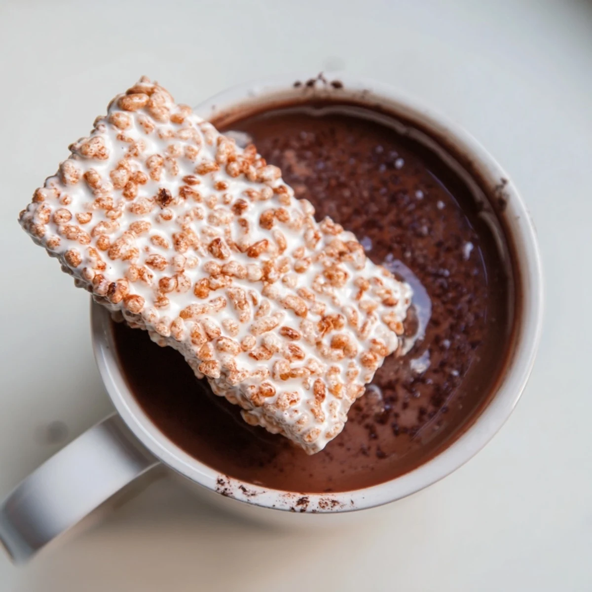Steaming mug of hot chocolate topped with a cozy bear marshmallow bar for a warm, comforting treat.
