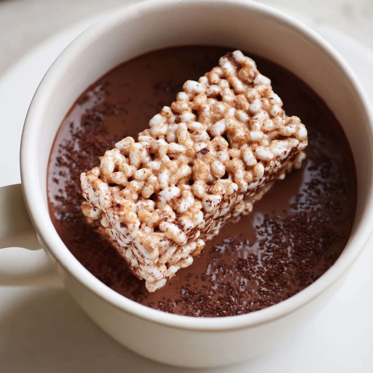 Decadent hot chocolate, swirled with a melting marshmallow bar, promising a rich and delicious bite.