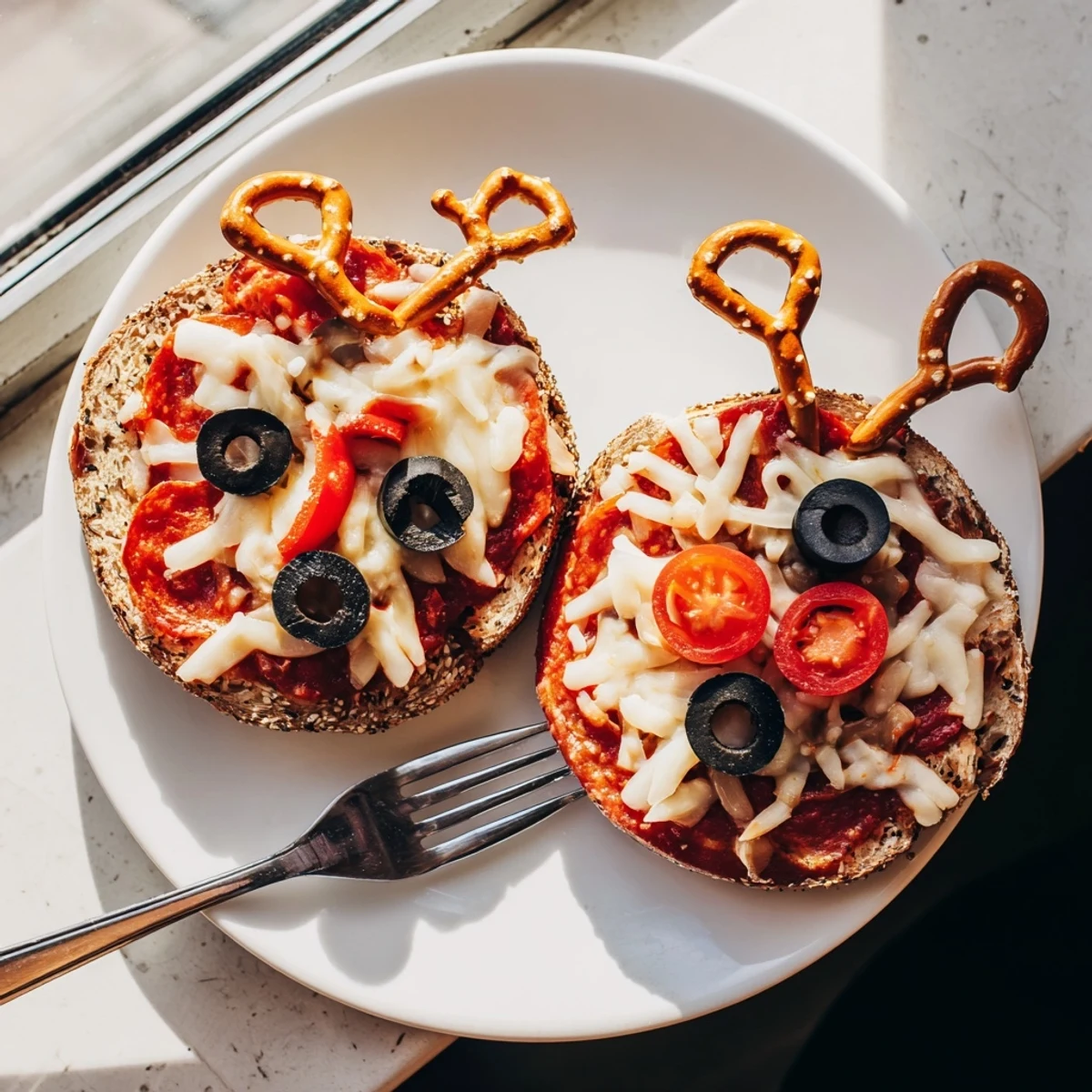 Warm, baked Reindeer Face Pizza Bagels with melted cheese and cute olive eyes, ready to eat.