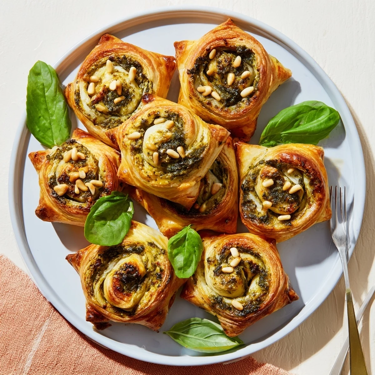 Golden, star-shaped pesto pinwheels with flaky pastry, ideal as a savory Italian-inspired appetizer.