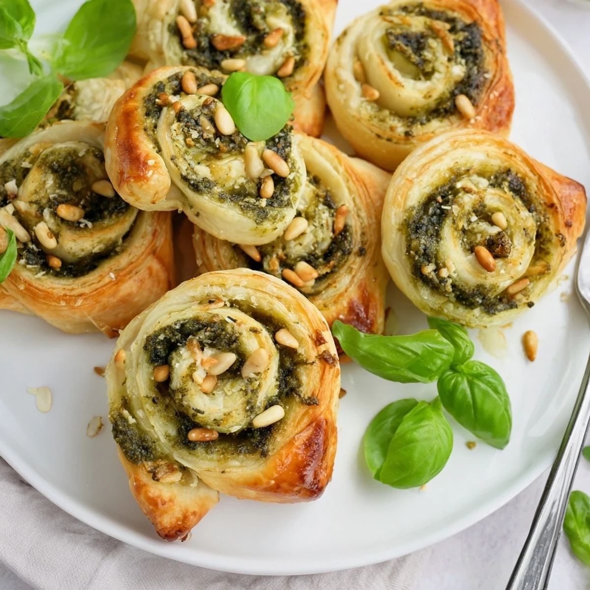 Freshly baked Savory Bites: Star-Shaped Pesto Pinwheels, showcasing vibrant green pesto and golden crusts.