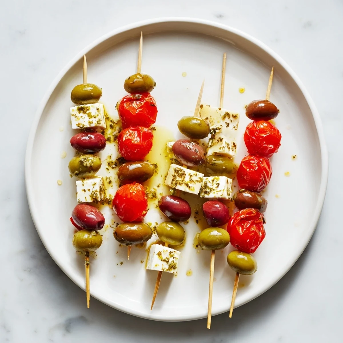 Vibrant Holiday Cheers Olive and Feta Skewers, a colorful, Mediterranean appetizer ready to enjoy immediately.