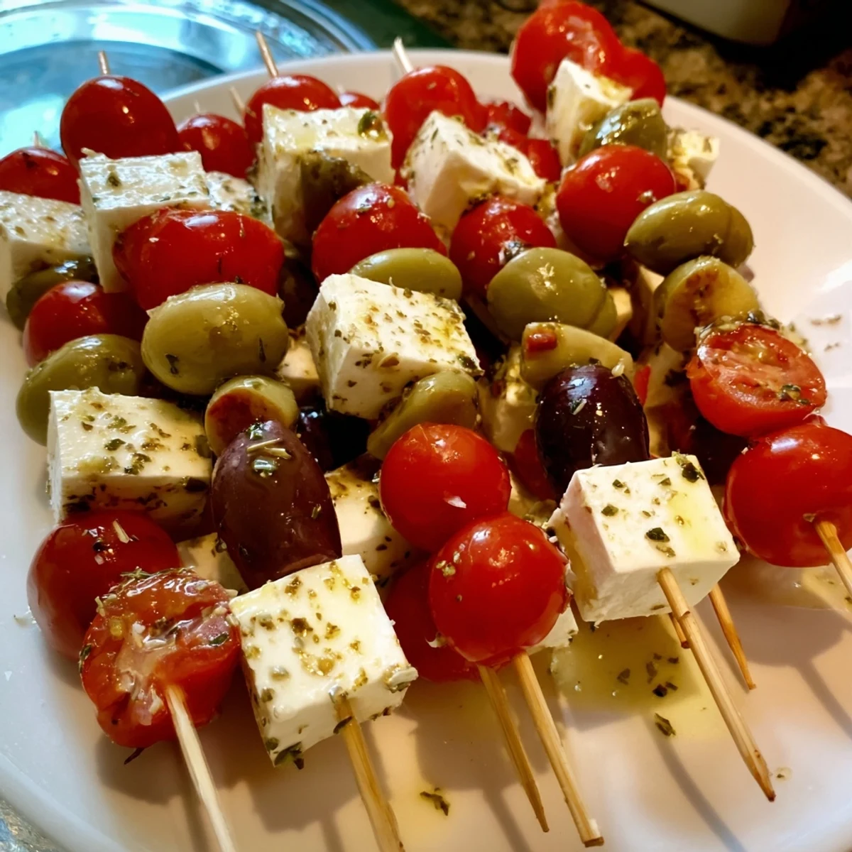 Delicious Holiday Cheers Olive and Feta Skewers: salty olives, creamy feta, and fresh herbs make a tasty treat.